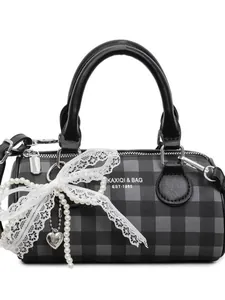 Classic checkered bowling bag with lace bow, pearl chain and silver heart pendant detail