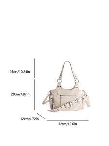 Minimalist cream tote bag with rivets and dimensions 32cm width by 20cm height