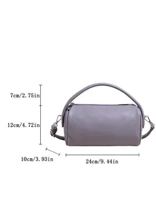 Lila zylindrische Lederhandtasche mit Schultergurt und Maßen 24x12x10cm