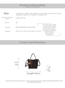 Guide des tailles du sac seau en cuir PU montrant dimensions et structure interne