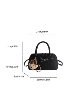 Retro frosted black shell handbag with top handles and cute bear charm decoration
