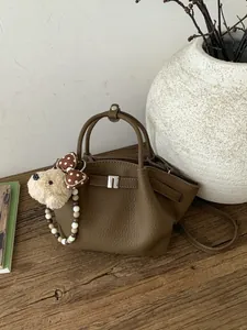Women's PU Leather Lychee Pattern Bucket Bag With Plush Bear Pendant Elegant Crossbody Shoulder Bag For Daily Commute