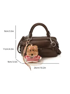 Sac baguette en cuir marron foncé avec breloque chiot, sac à main de 26 cm de large