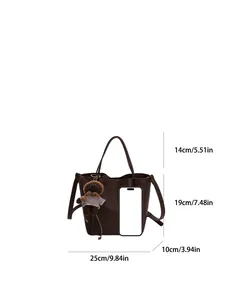 Sac seau marron rétro à texture litchi avec breloque ours et dimensions détaillées