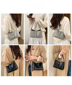 Détail de sacs à bandoulière minimalistes gris et noirs portés par des mannequins