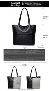Detailed size specifications for minimalist black tote bag with dimensions and capacity