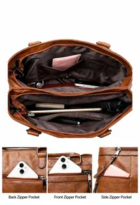 Detail view showing brown leather tote bag with multi-pocket storage and organized interior