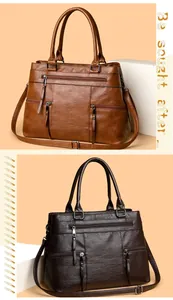 Detail view of large tote bags with zipper pockets in brown and dark coffee PU leather
