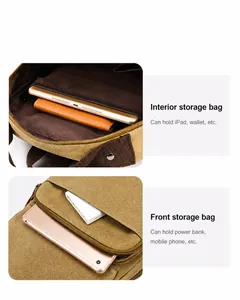 Vista dettagliata della borsa in tela kaki con scomparti per iPad e power bank