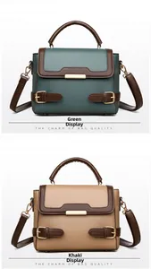 Detailed comparison of green and khaki textured leather handbags with metal buckle accents
