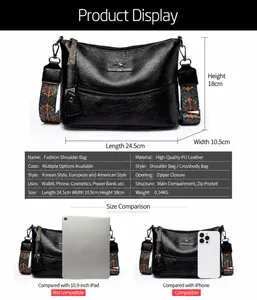 Detailoverzicht van crossbodytas met afmetingen en vergelijking met telefoonformaat
