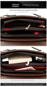 Internal view of brown leather handbag showing large capacity with zipper compartments