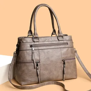 Retro khaki brown PU leather handbag with multiple zippers and adjustable strap for women