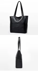 Detail view of black PU leather tote bag showing grainy texture and side pocket design