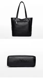 Detailed back view and bottom view of black textured soft leather tote bag with logo