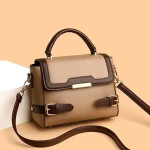 Retro two-tone large capacity tote bag with lychee texture and gold buckle detail