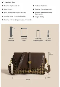 Detailed size chart for houndstooth canvas handbag with adjustable strap measurements