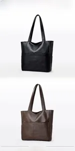 Detailed comparison of minimalist PU leather tote bags in black and coffee brown colors