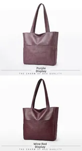 Vertical view of purple and wine red tote bags featuring premium pebble grain leather texture