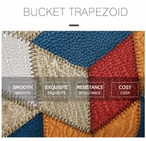 Macro shot of multi-color leather patchwork with exquisite stitching on a bucket bag