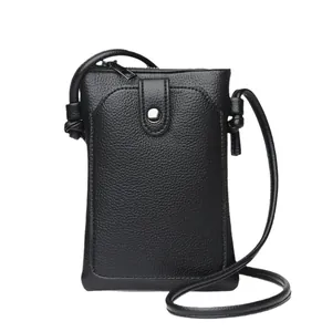 Sacoche de téléphone noire minimaliste en cuir litchi avec rabat et fermeture éclair