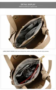 Dettagli della tasca interna con cerniera e scomparti della borsa beige in ecopelle