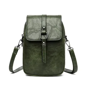 Piccola borsa a tracolla vintage verde scuro per cellulare in pelle PU cerata
