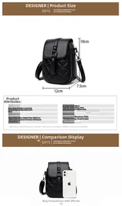 Detail view of quilted black PU phone bag with dimensions 12x18x7.5cm and dual zippers