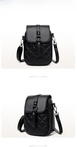Front and side views of a black quilted mobile phone crossbody bag with metal buckle