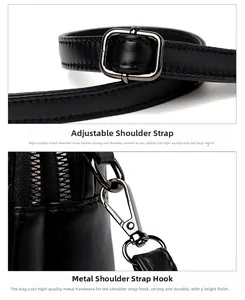 Detail of adjustable shoulder strap with gunmetal buckle and swivel hook on black bag