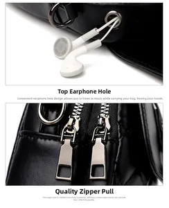 Detail of headphone port and silver metal zippers on quilted black leather crossbody bag