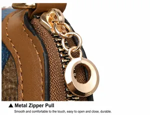 Detail of high-quality gold hardware zipper with smooth round puller on ethnic crossbody bag
