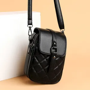 Women Quilted Rhombic PU Leather Mini Crossbody Mobile Phone Bag Small Square Single Shoulder Bag With Headphone Hole Daily Travel