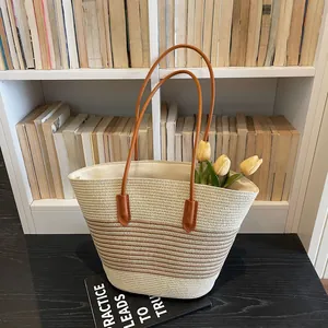 Γυναικεία Τσάντα Tote από Πλεγμένο Άχυρο Μεγάλης Χωρητικότητας Ριγέ Καλοκαιρινή Τσάντα Ώμου Με Δερμάτινη Λαβή Τσάντα Διακοπών