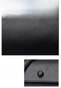 Détail de la texture en cuir noir avec ferrures gris foncé et bandoulière en chaîne