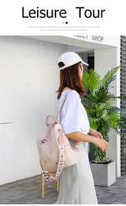 Detail of beige nylon backpack with floral embroidery and printed wide shoulder straps