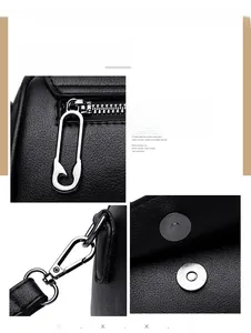 Détails du sac à main en cuir souple noir avec ferrures argentées et fermeture éclair épingle