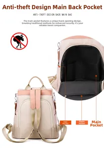 Detail view of anti-theft back zipper and internal pockets on beige oxford backpack
