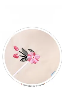 Detailed embroidery of pink flowers and green leaves on beige fabric backpack