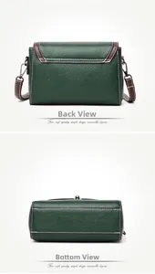 Detailed back and bottom view of green pebble leather bag with brown trim and stitching