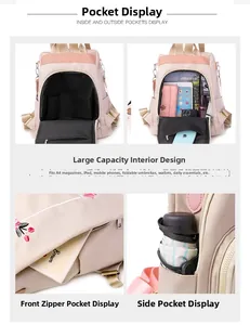 Detail view of large capacity embroidered nylon backpack showing storage for iPad and A4 items