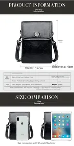 Minimalist crossbody phone bag detail with size chart and smartphone size comparison