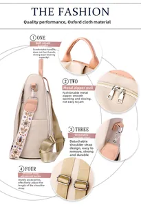 Detail of oxford cloth backpack showing floral embroidery strap and hardware components