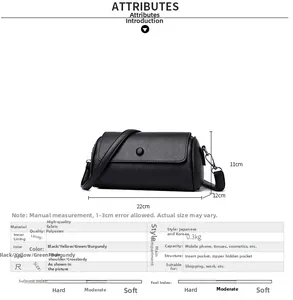 Tableau des tailles détaillé pour le sac cylindrique en cuir noir avec dimensions et infos