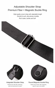Dettagli della tracolla regolabile in nylon e della chiusura magnetica di una borsa nera