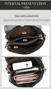 Internal view of minimalist black crossbody bag showing multiple pockets and large capacity