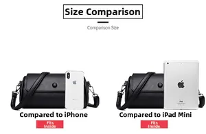 Comparaison de taille du sac en cuir souple noir pouvant contenir un iPad mini