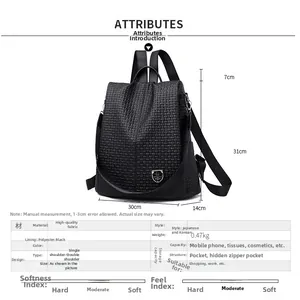 Detailed size specifications for the large capacity black soft fabric anti-theft backpack