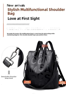 Detail showing versatile black textured backpack with detachable metal hooks and straps