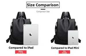 Black woven leather backpack size comparison showing fit for iPad and iPad mini